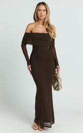 Bethanie Maxi Dress - Off The Shoulder Mesh Dress in Chocolate
