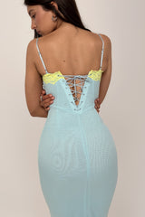 Ocean Blue Contrast Lace Maxi Dress