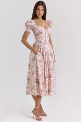 Pink Ribbon Print Cotton Midi Dress
