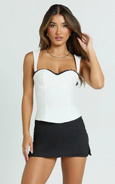 Libby Top - Lattice Back Sweetheart Lace Neckline Top in White