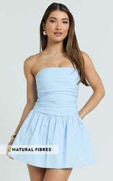 Donatella Mini Dress - Strapless Drop Waist Dress in Blue