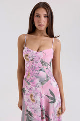 Pink Floral Print Lace Back Maxi Dress