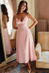 Parisian Pink Satin A-Line Midi Dress