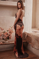 Dark Brown Floral Printed Satin Maxi Dress