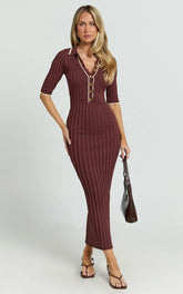 Lada Midi Dress - Short Sleeve Button Front Knit Dress in Chocolate