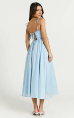 Dolores Midi Dress - Strappy Ruched Bust Corset Waist Dress in Blue