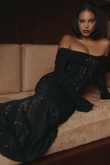 Black Off Shoulder Floral Lace Maxi Dress