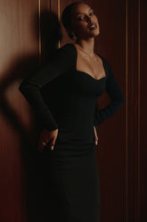 Black Stretch Crepe Long Sleeve Midi Dress