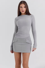 French Grey Boat Neck Long Sleeve Top