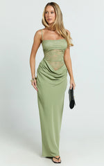 Rania Maxi Dress - Contrast Lace Bodice Bias Cowl Drop Waist Dress in Sage