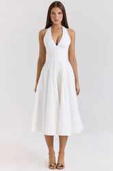 White Stretch Cotton Halter Midi Sundress