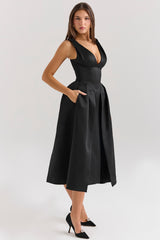 Black Satin Twist Strap Midi Dress