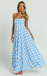 Katrien Maxi Dress - Strappy Empire Waist Flare Dress in Blue Check