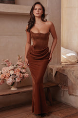 Toffee Velvet Strapless Corset Maxi Dress
