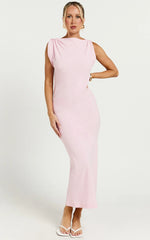 Jessenia Midi Dress - Linen High Neck Dress in Soft Pink