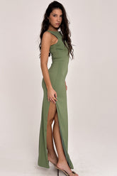 Olive Boat Neck Maxi Dress