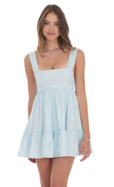 Floral Square Neckline Babydoll Dress in Blue and White