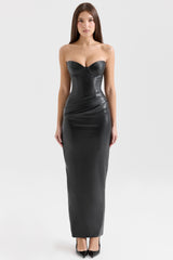 Black Strapless Vegan Leather Midi Dress