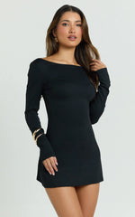 Adora Mini Dress - Long Sleeve Backless Boat Neck A Line Dress in Black