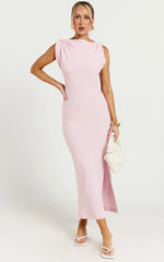 Jessenia Midi Dress - Linen High Neck Dress in Soft Pink