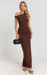 Genie Maxi Dress - Off The Shoulder Dress in Chocolate