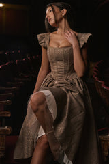 Gold Jacquard Midi Dress With Detachable Bow