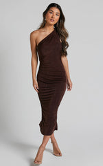Arietty Midi Dress - One Shoulder Asymmetrical Ruched Dress in Chocolate