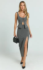 Fiona Midi Skirt - Pinstripe Bodycon Side Leg Split Workwear Skirt in Dark Grey