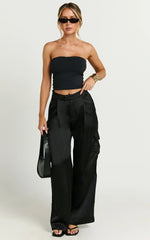 Amie Pants - High Waist Satin Tailored Cargo Pants in Black