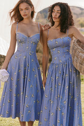 Blue Daisy Print Stretch Cotton Midi Sundress