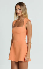 Sakura Mini Dress - Square Neck Wide Strap Corset Waist A Line Skirt Dress in Orange
