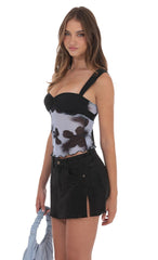 Two-Toned Mesh Print Top in Black and Blue