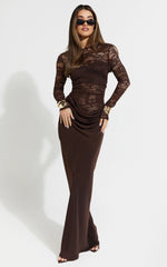 Crisanta Maxi Dress - Long Sleeve Contrast Lace Bodycon Dress in Chocolate