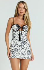 Helen Mini Dress - Strappy Balconette Tie Front Dress in Renaissance Floral Print