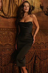Black Satin Strapless Midi Dress