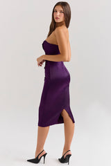 Grape Satin Strapless Midi Dress