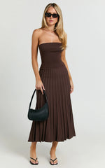 Paris Midi Dress - Strapless Drop Waist Pleated Knit Dress in Chocolate