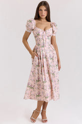 Pink Ribbon Print Cotton Midi Dress
