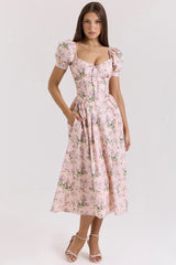 Pink Ribbon Print Cotton Midi Dress