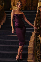 Grape Satin Strapless Midi Dress