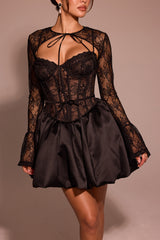 Black Lace Puffball Mini Dress