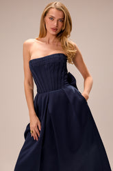 Midnight Blue Strapless Detachable Bow Midi Dress