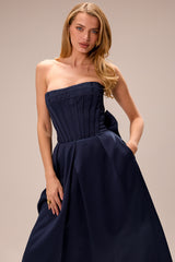 Midnight Blue Strapless Detachable Bow Midi Dress