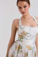 Soft Blue Vintage Ribbon Print Chiffon Midi Dress