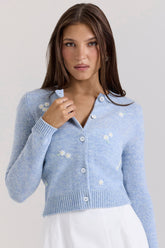 Blue Lambswool Floral Embroidered Cardigan