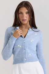 Blue Lambswool Floral Embroidered Cardigan