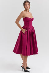Burgundy Satin Tulle Midi Dress