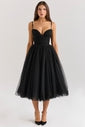 Black Tulle Ruched Bodice Midi Dress