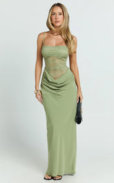 Rania Maxi Dress - Contrast Lace Bodice Bias Cowl Drop Waist Dress in Sage