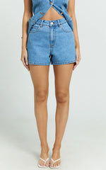 Erin Shorts - High Rise Denim Shorts in Mid Blue Wash